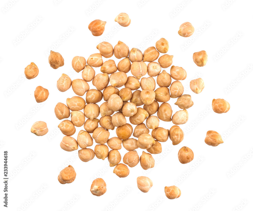 Heap of chickpeas isolated on white background, top view