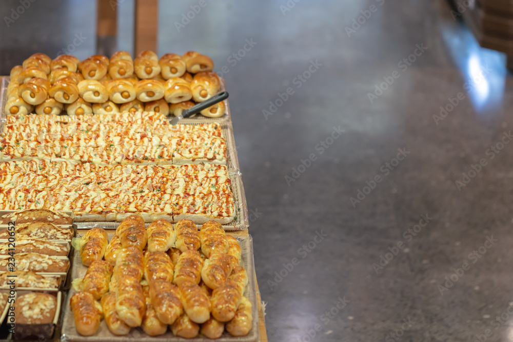 Variety of fresh bread in a supermarket