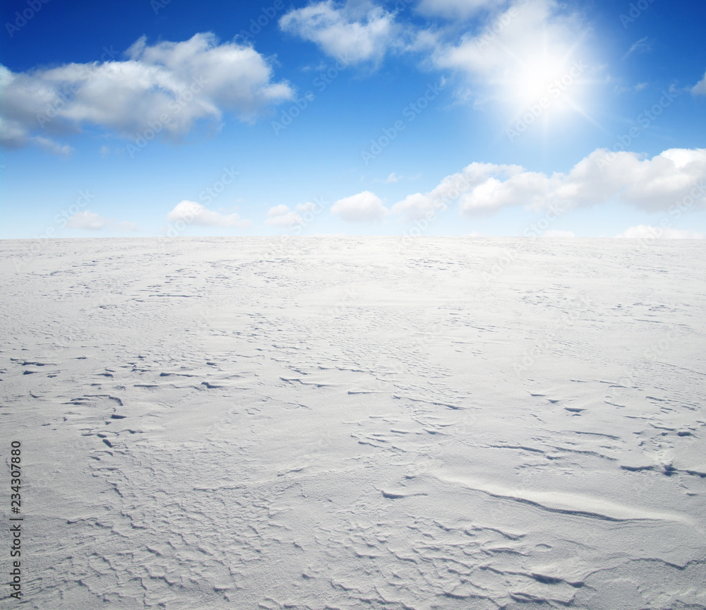 天空和阳光下白雪皑皑的田野。