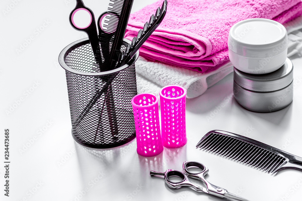 hairdresser working desk preparation for cutting hair