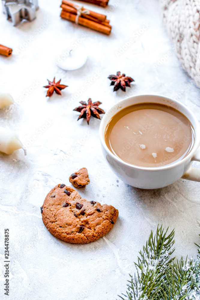 Christmas evening with cup of cocoa white background