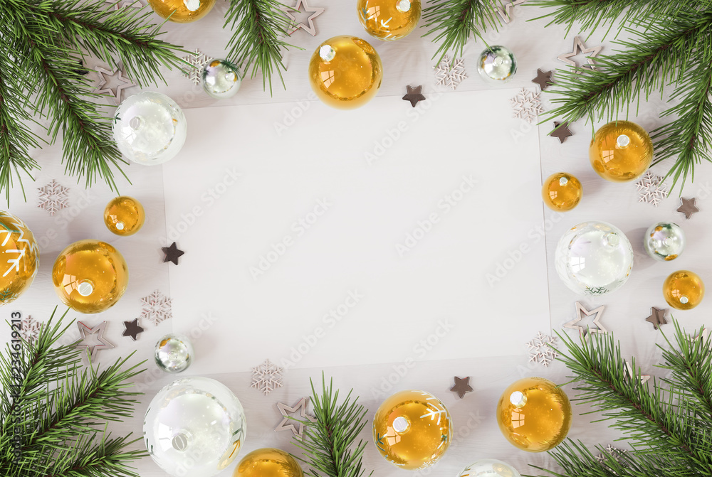 Christmas card mockup with golden baubles 3D rendering