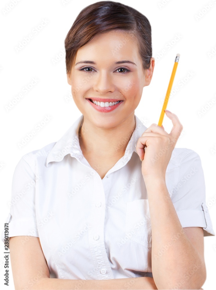 Happy Young Woman with Pencil