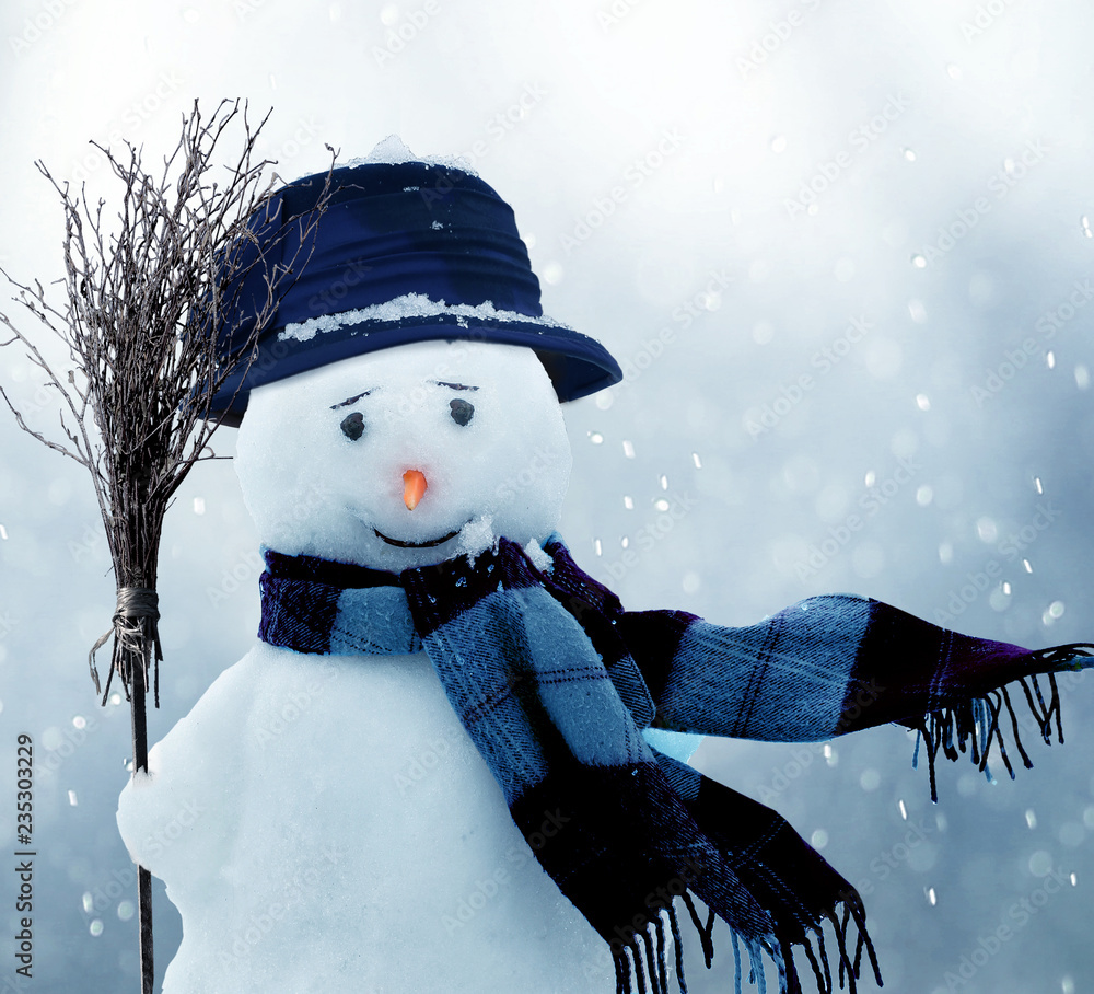 Merry christmas and happy new year greeting card with copy-space.Happy snowman standing in winter ch