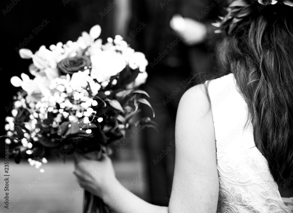 Bride walking up the stairs to the chapel