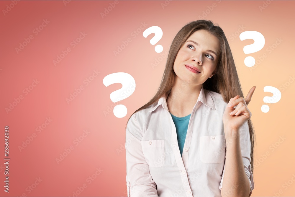 Question woman apron attractive beautiful beauty blue background