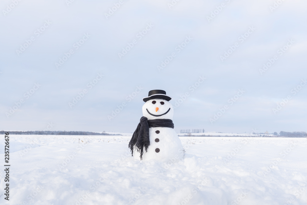 雪地上戴着时髦帽子、戴着黑色鳞片的有趣雪人。圣诞快乐，新年快乐！