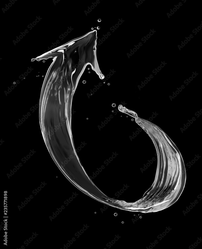 Arrow made of water splashes on a black background.