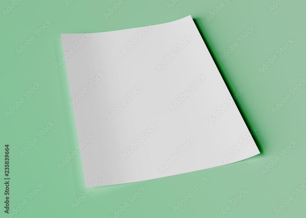 A4 blank paper sheet mockup on green 3D rendering