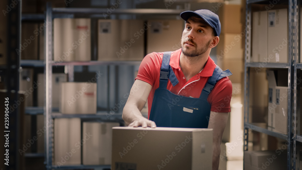 Warehouse Worker Looking for a Cardboard Boxes and Parcels of the Shelf. He Carries Collected Boxes 