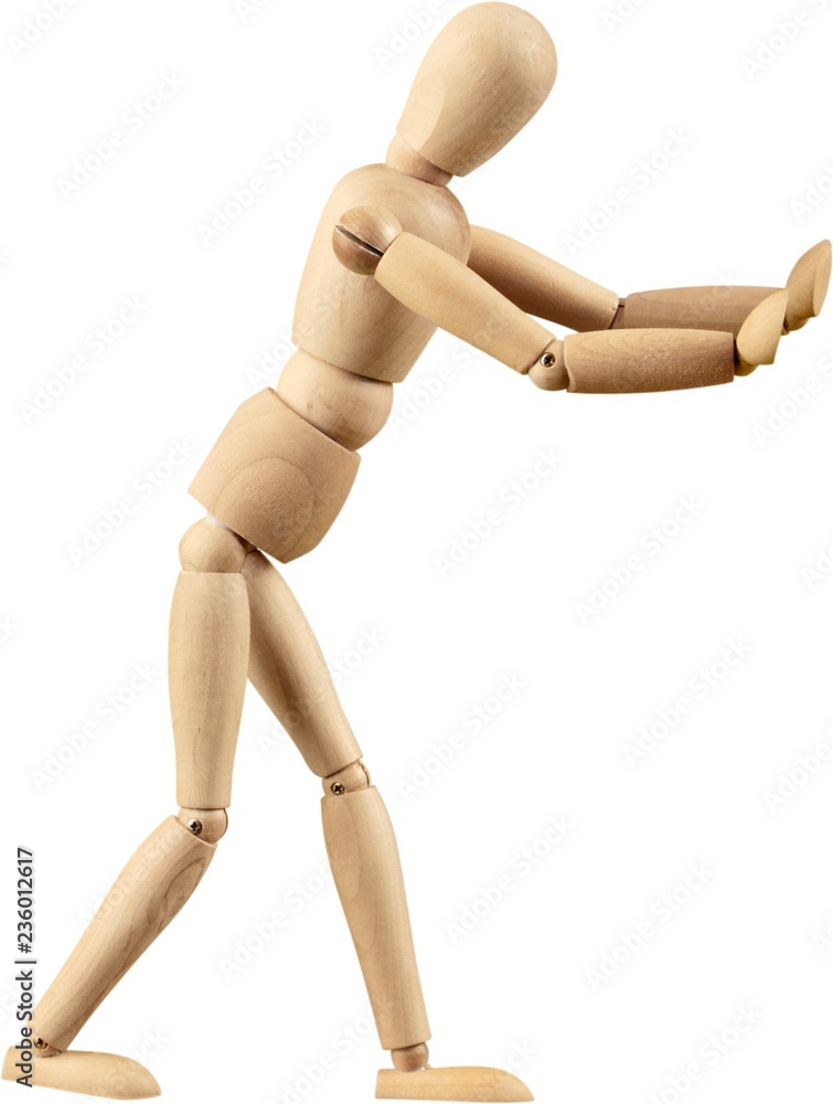 Wooden mannequin pushing with both arms