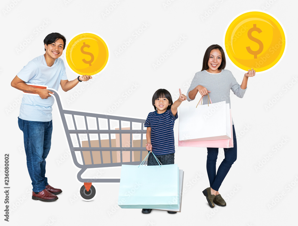 Happy family holding shopping icons