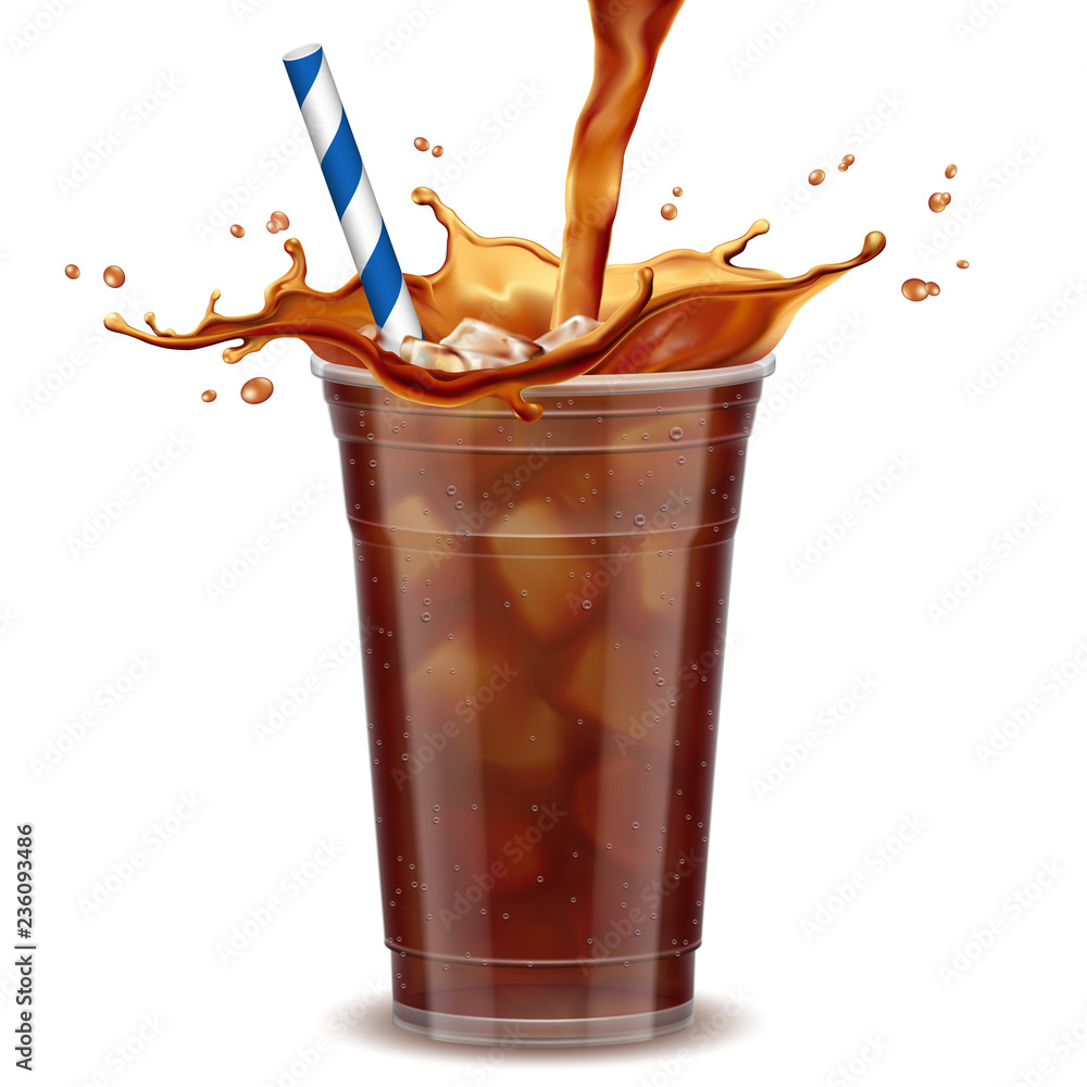 Iced coffee takeaway cup with liquid pouring down into container isolated on white background, 3d il