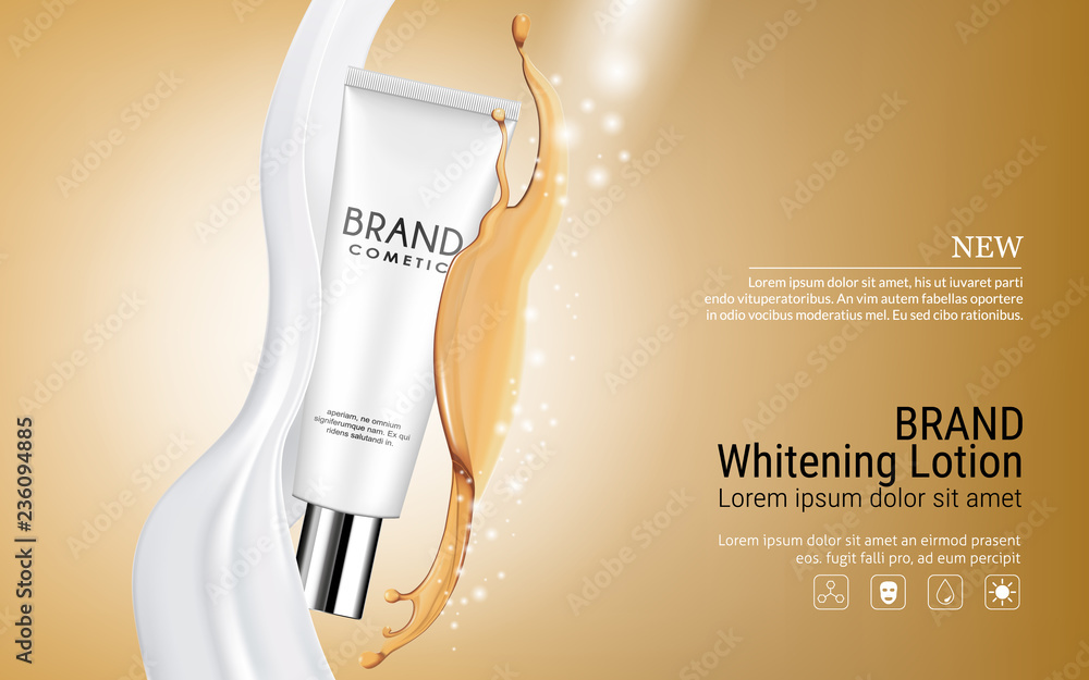 cosmetic tubes with oil and white cream flowing, vector 3d illustration. 