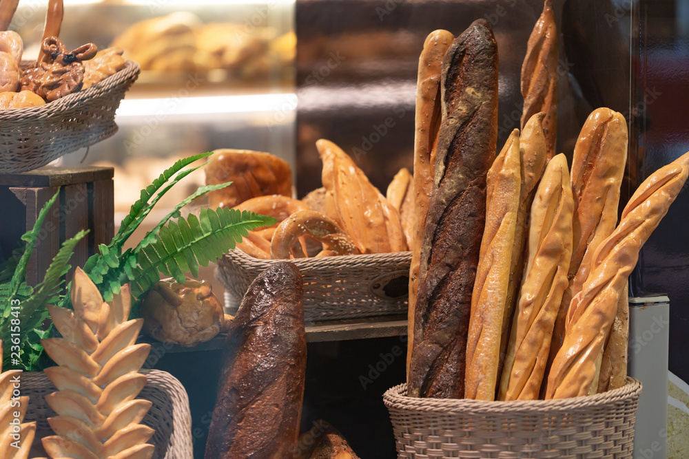 Variety of fresh bread in a supermarket