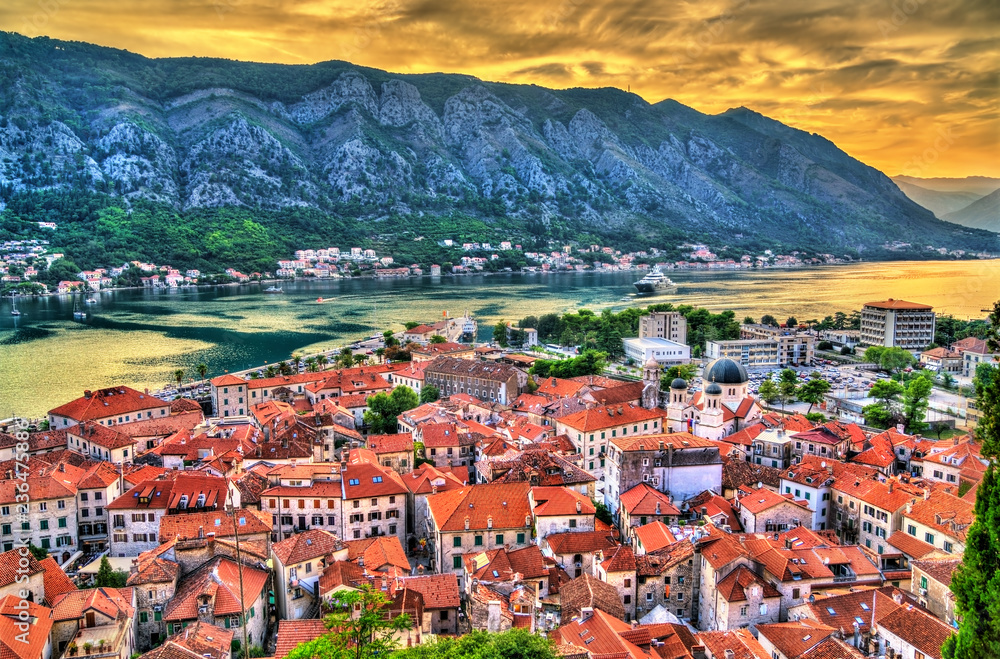 Aerial view of Kotor at sunset. Montenegro, Europe