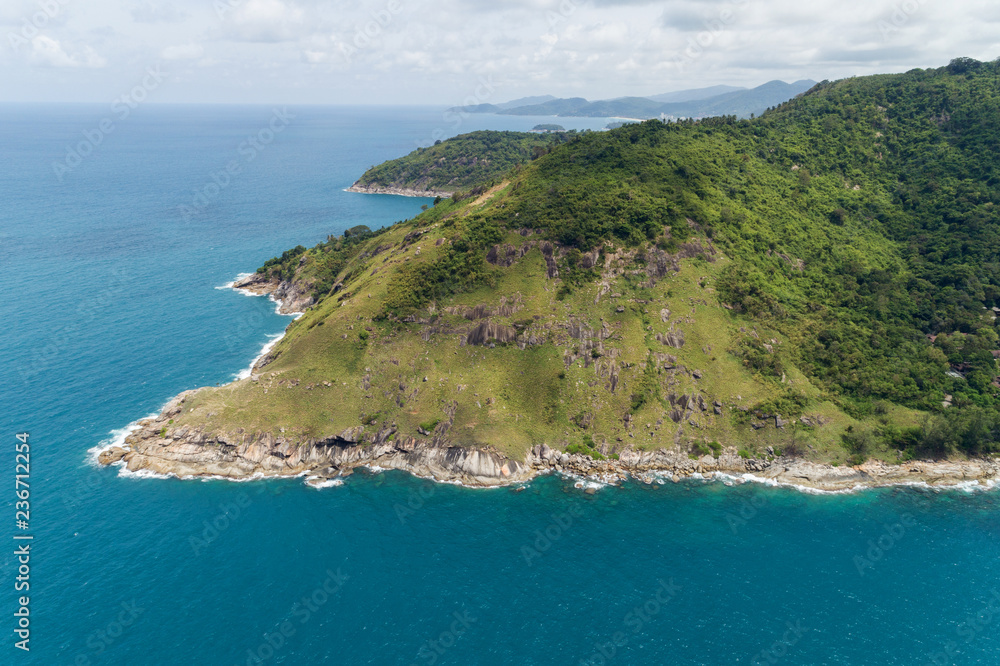 Aerial view drone shot of Laem krating viewpoint new landmark in Phuket Thailand,near promthep cape,