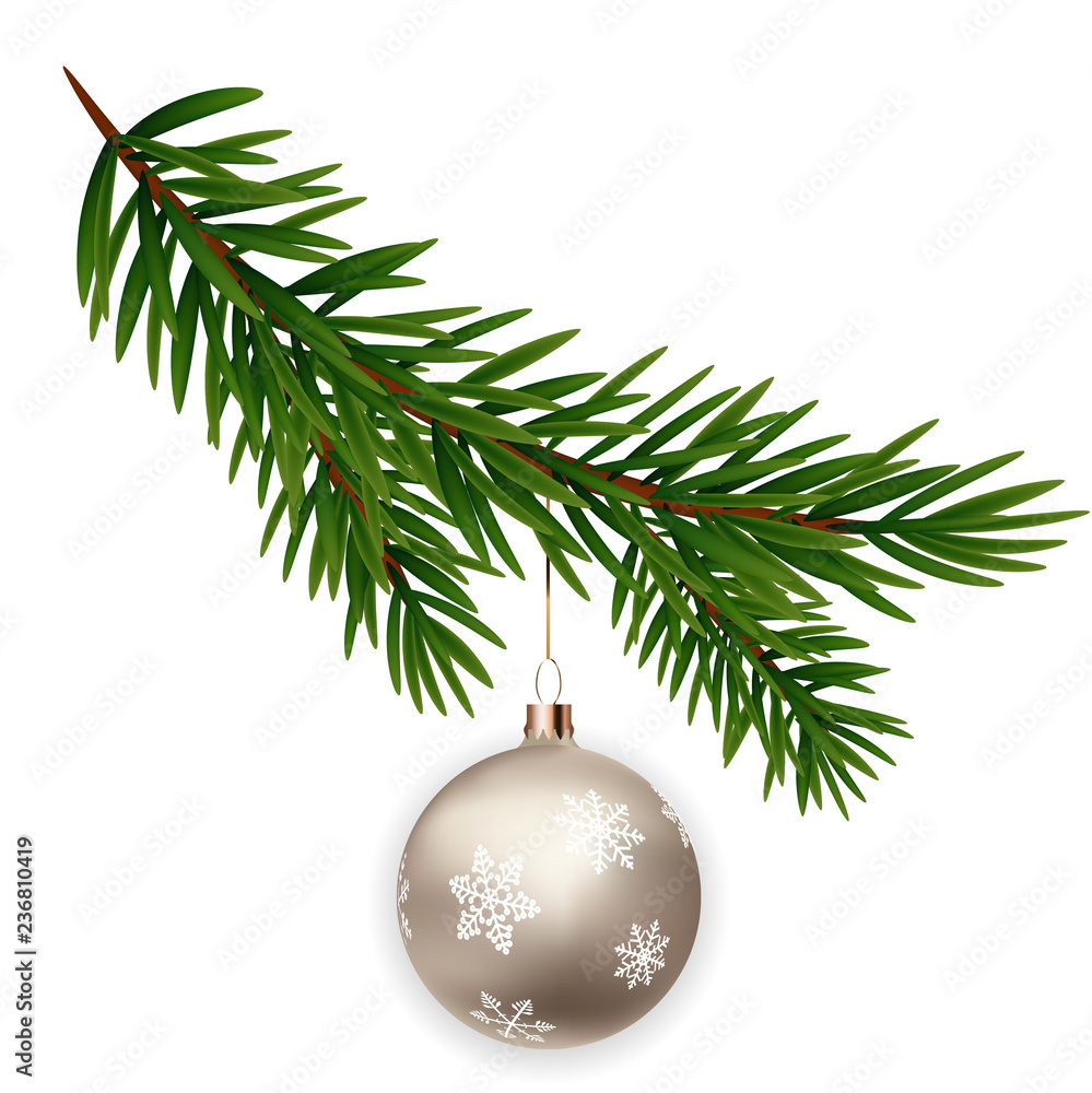 Christmas decorations. Fir tree branch with ball. Vector Illustration