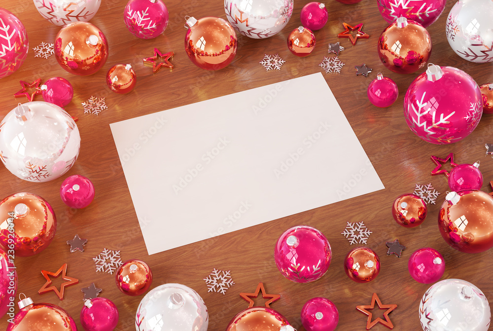 Christmas card mockup with pink baubles 3D rendering