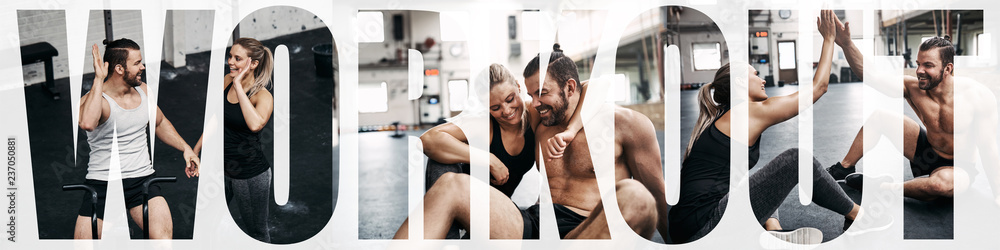 Collage of positive friends high fiving during a gym workout