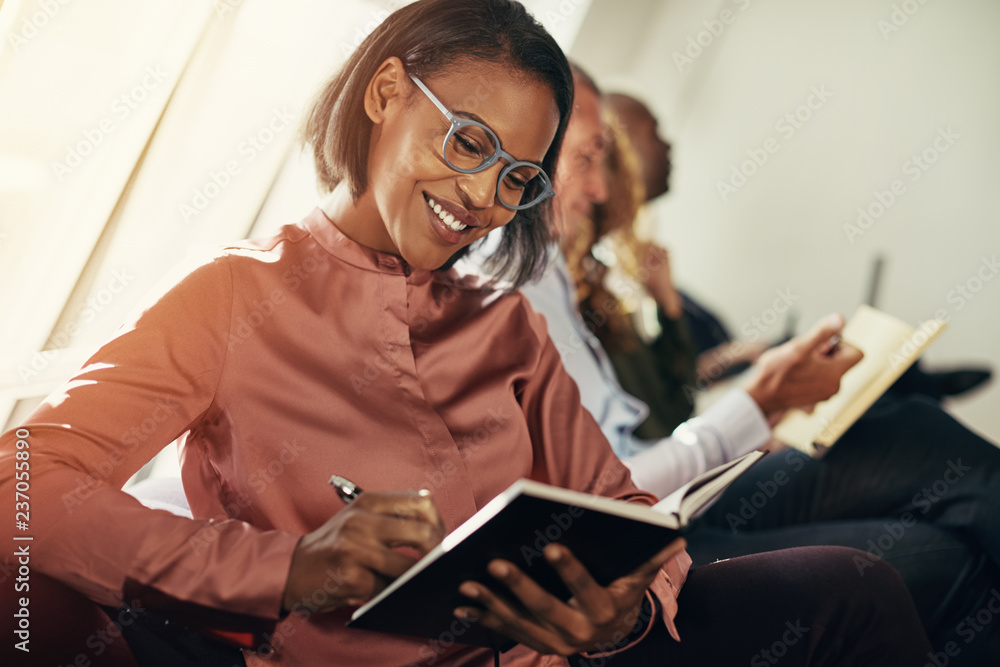 Smiling African businesswoman taking notes during an office pres