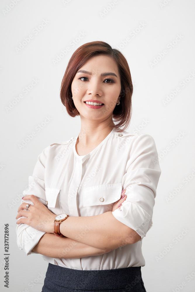 Entrepreneur young asian woman, business woman arms crossed on white background.