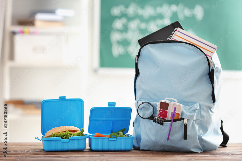 Backpack with school supplies and lunch boxes on wooden table