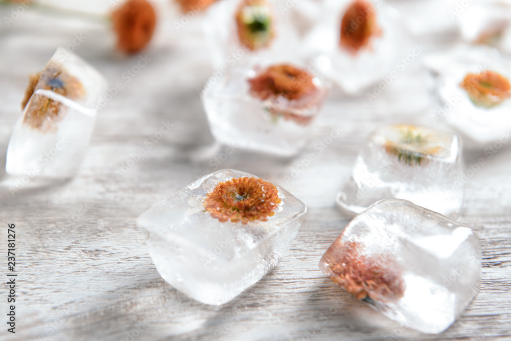 Beautiful flowers frozen in ice cubes on light wooden  background