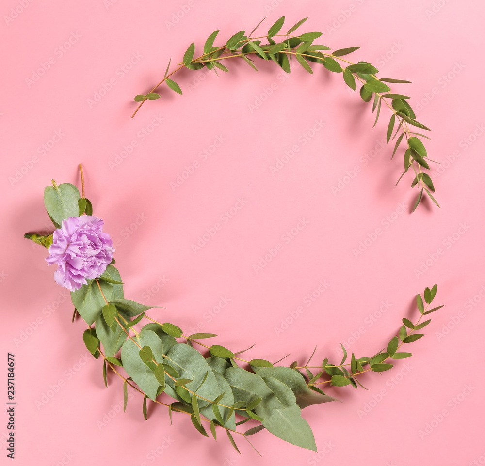 Frame made of green eucalyptus branches and flower on color background