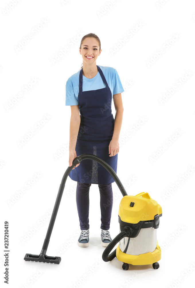 Woman with vacuum cleaner on white background