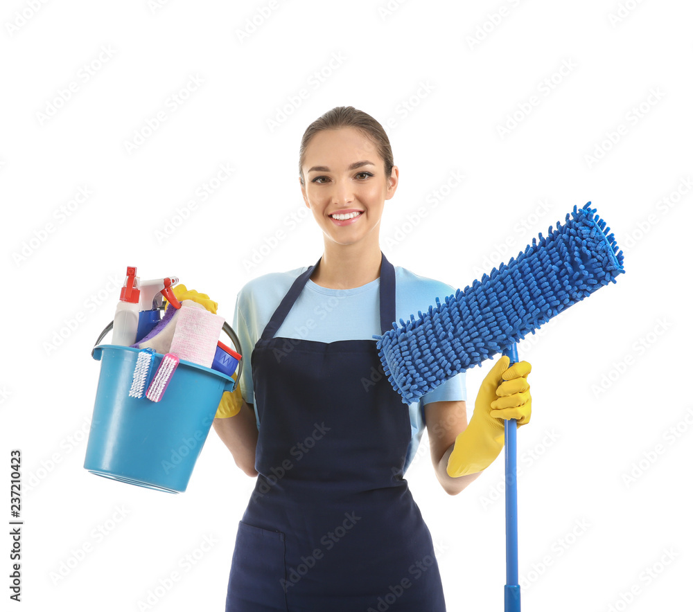 Woman with cleaning supplies on white background