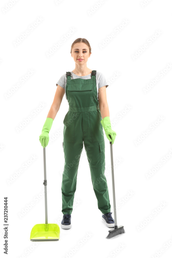 Woman with dust pan and floor brush on white background