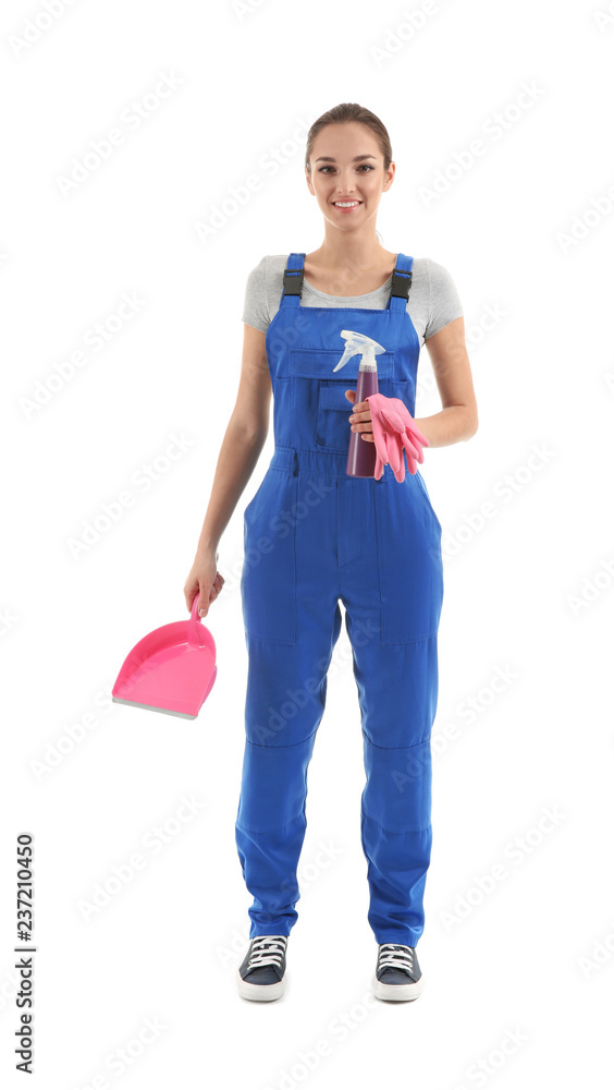 Woman with cleaning supplies on white background