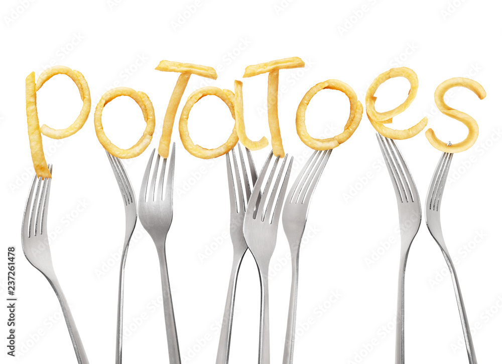 Word Potatoes made with french fries with forks on a white background