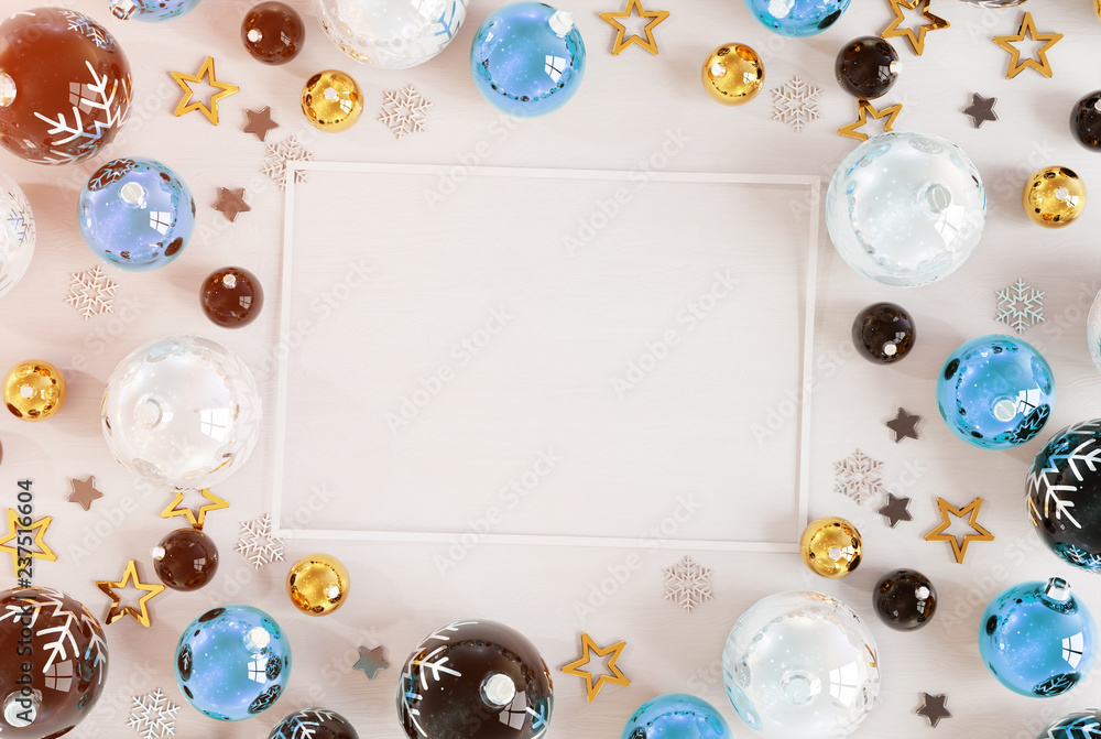 Christmas contour mockup with blue baubles 3D rendering