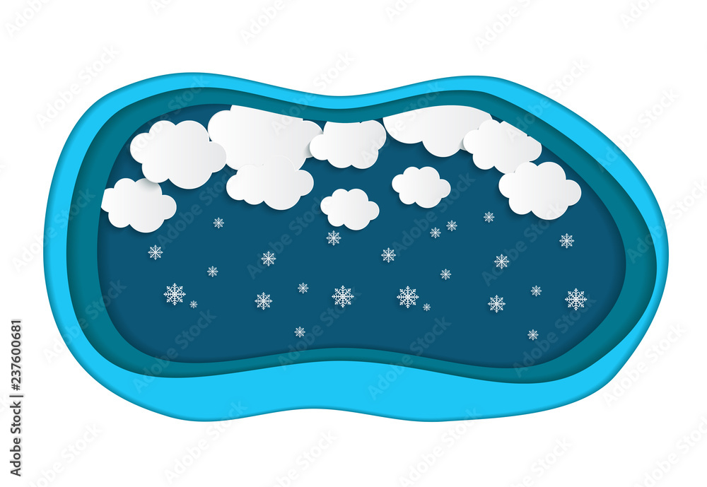 带雪花的抽象纸云矢量插图