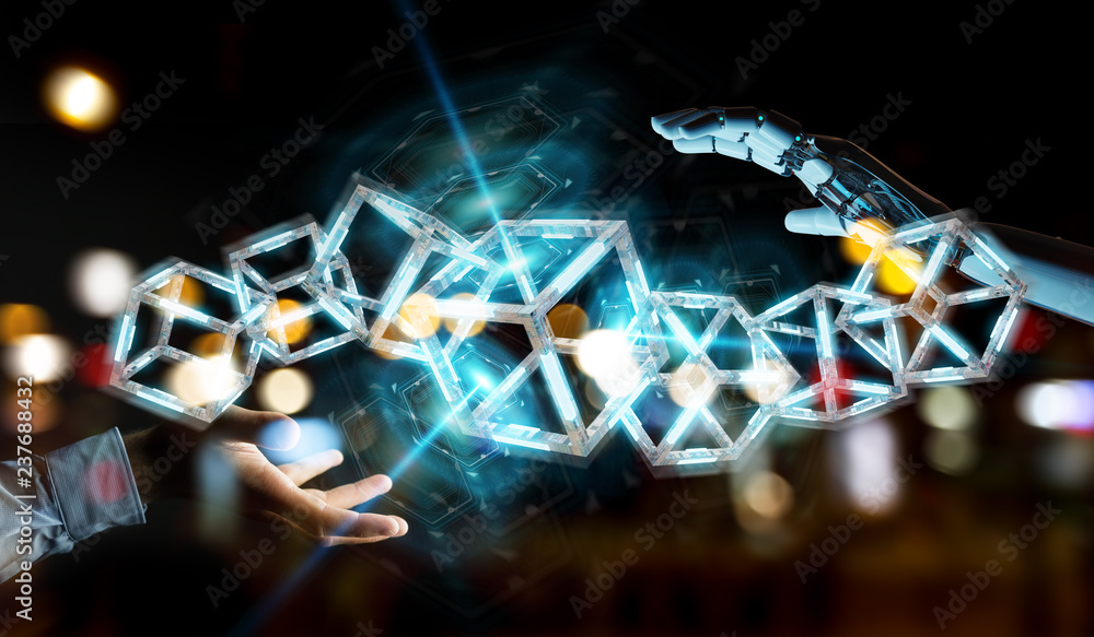 White robot hand creating future technology structure 3D rendering