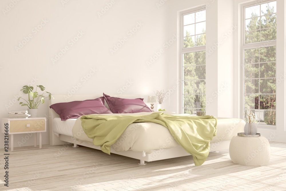 White bedroom with summer landscape in window. Scandinavian interior design. 3D illustration