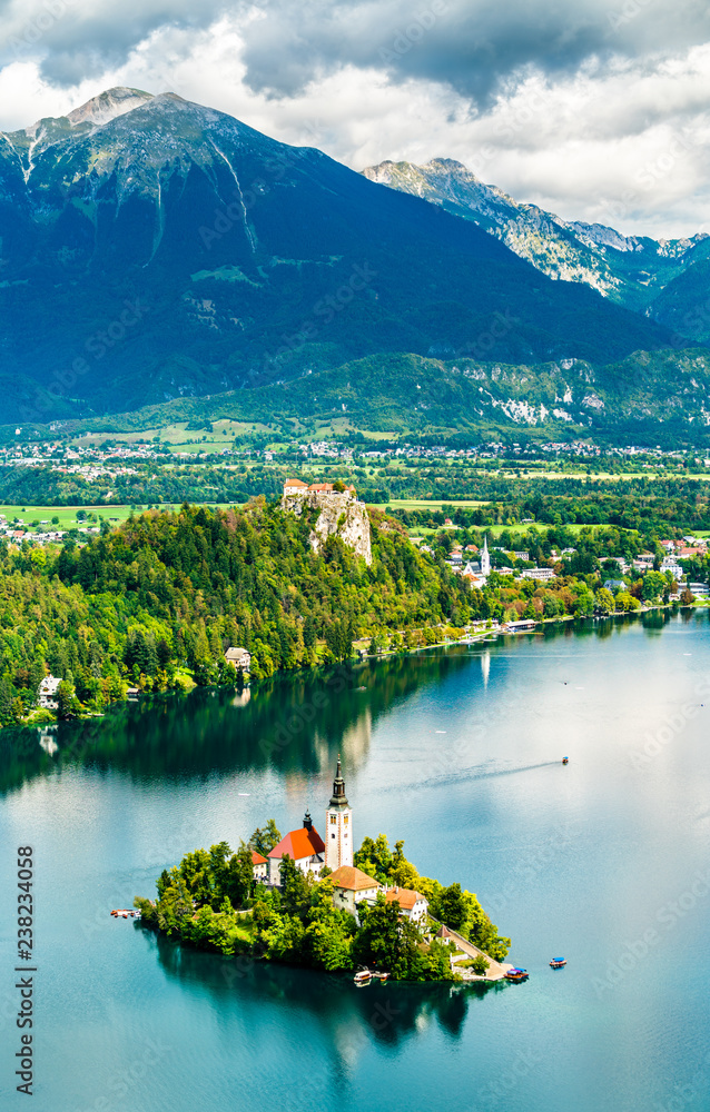 Aerial view of Lake Bled with the island in Slovenia