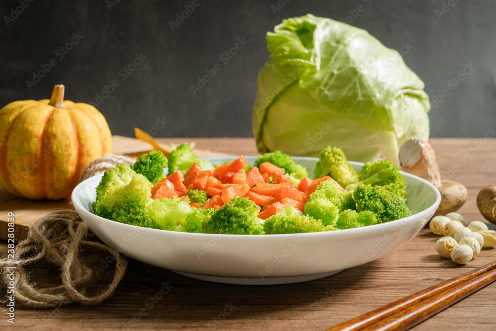 Green broccoli with wooden background