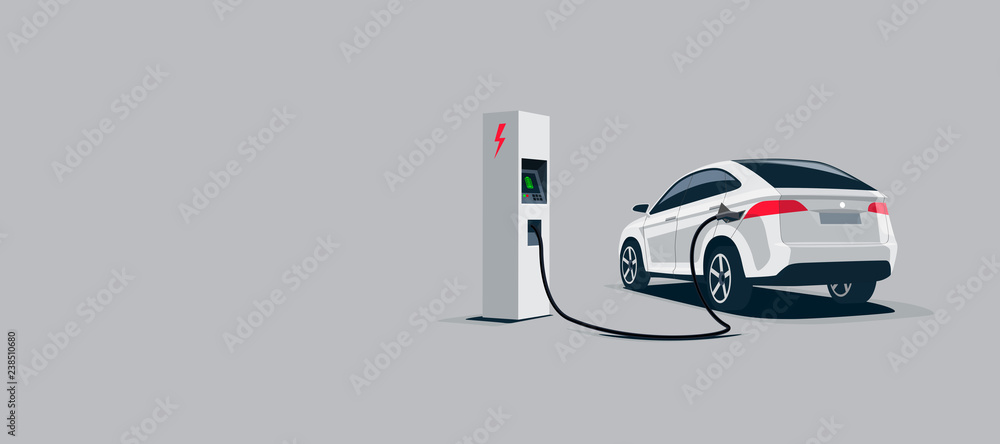 Vector illustration of a luxury white electric car suv charging at the electro charger station. Car 