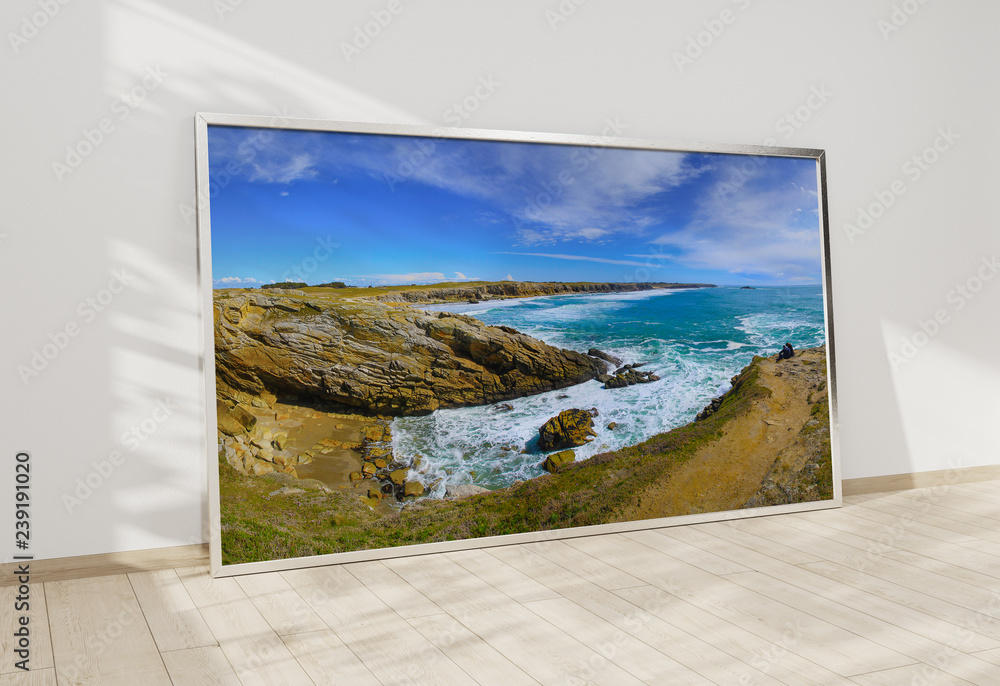 Large horizontal frame leaning on a white wall 3D rendering