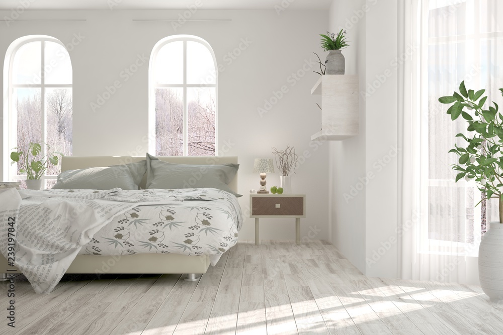 White bedroom with winter landscape in window. Scandinavian interior design. 3D illustration