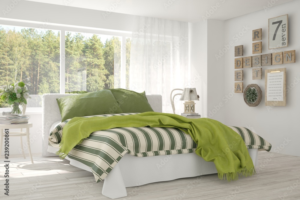 White bedroom with summer landscape in window. Scandinavian interior design. 3D illustration