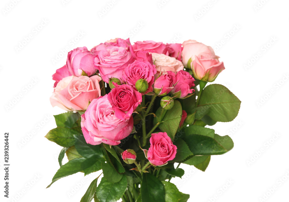 Beautiful bouquet of pink roses on white background