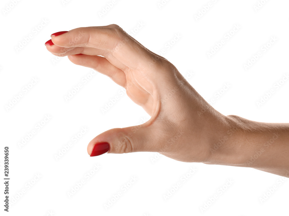 Female hand with manicure on white background