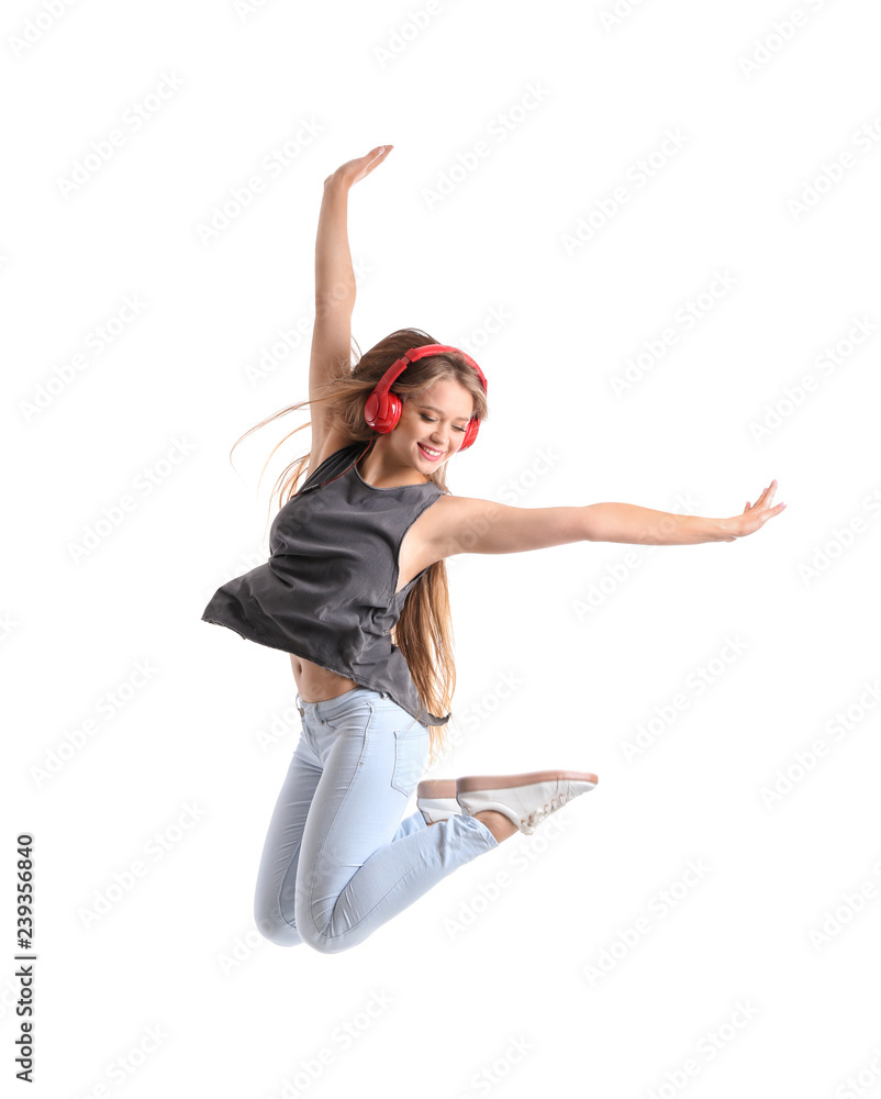 Jumping female dancer on white background