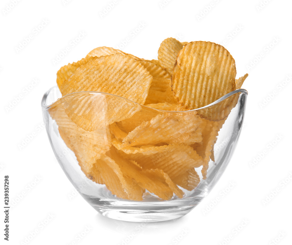 Bowl with tasty crispy potato chips on white background