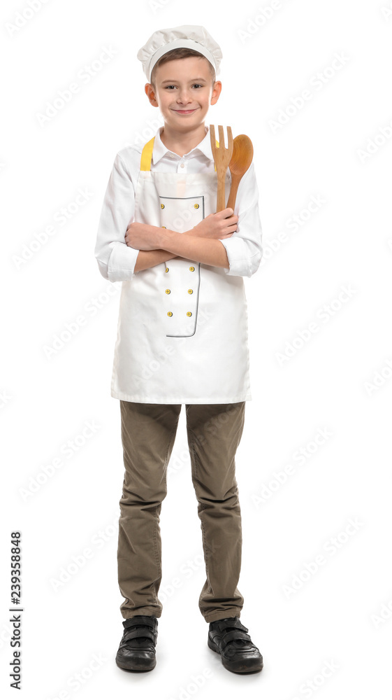 Cute little chef with kitchen utensils on white background