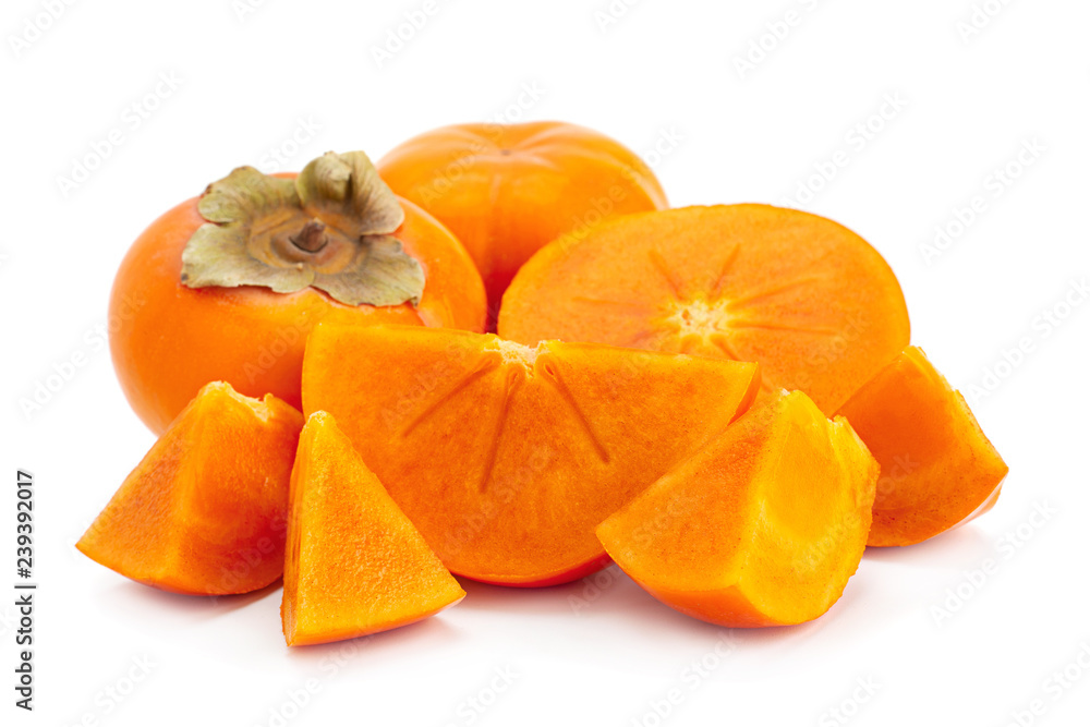 Persimmon fruit closeup on white